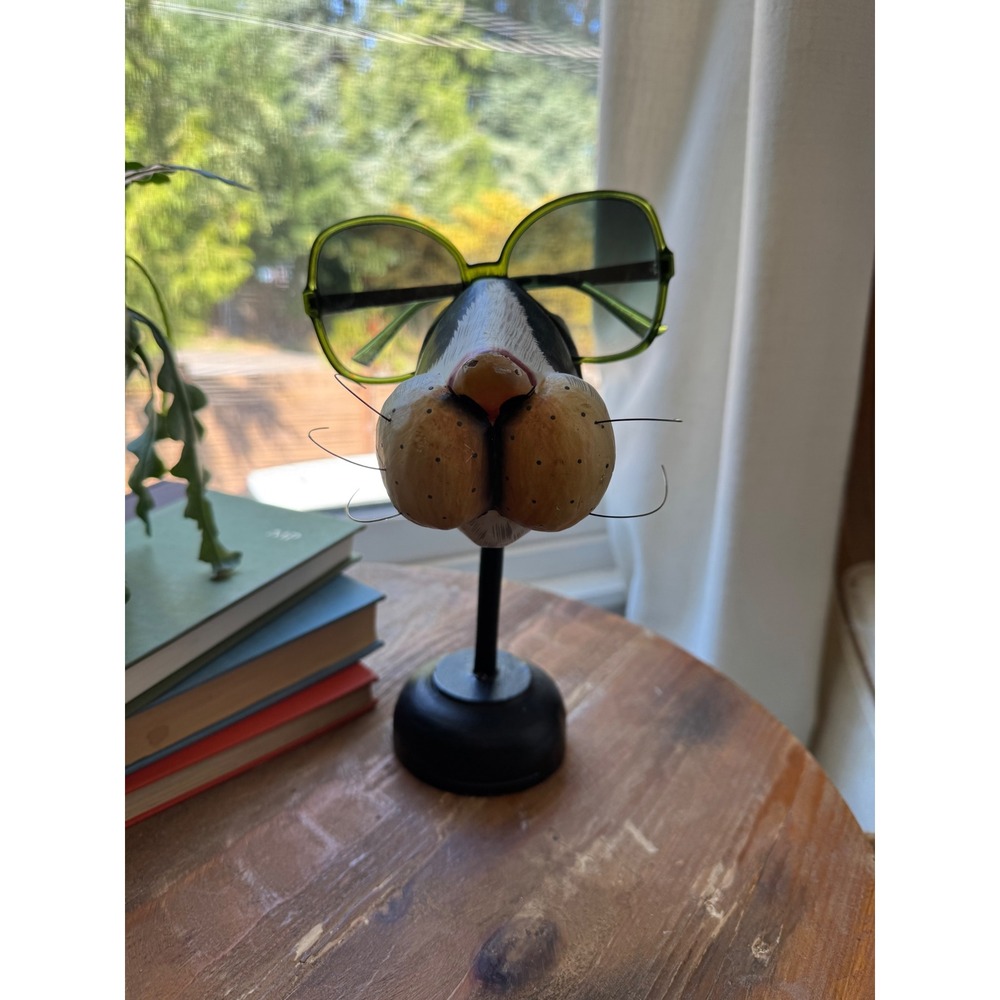 Handcrafted Wooden Cat Eyeglass Holder Stand Whimsical Folk Art Pedestal Black